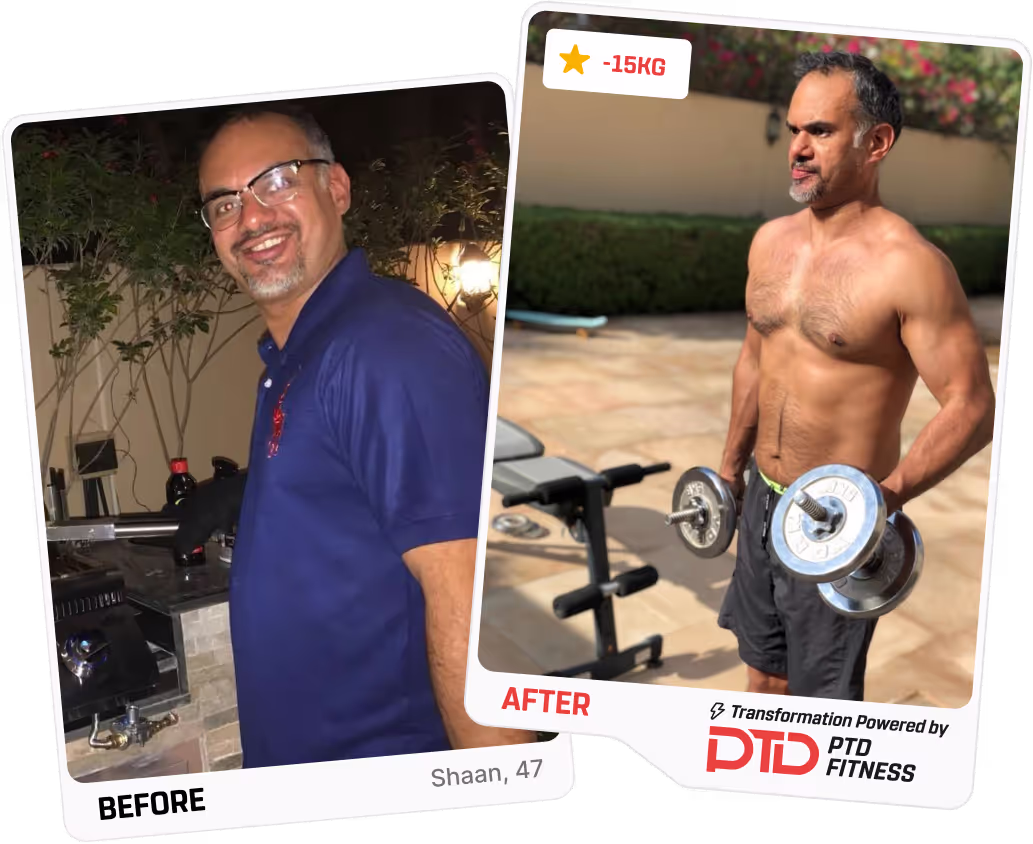 Before and after transformation showing new athletic physique for a PTD client